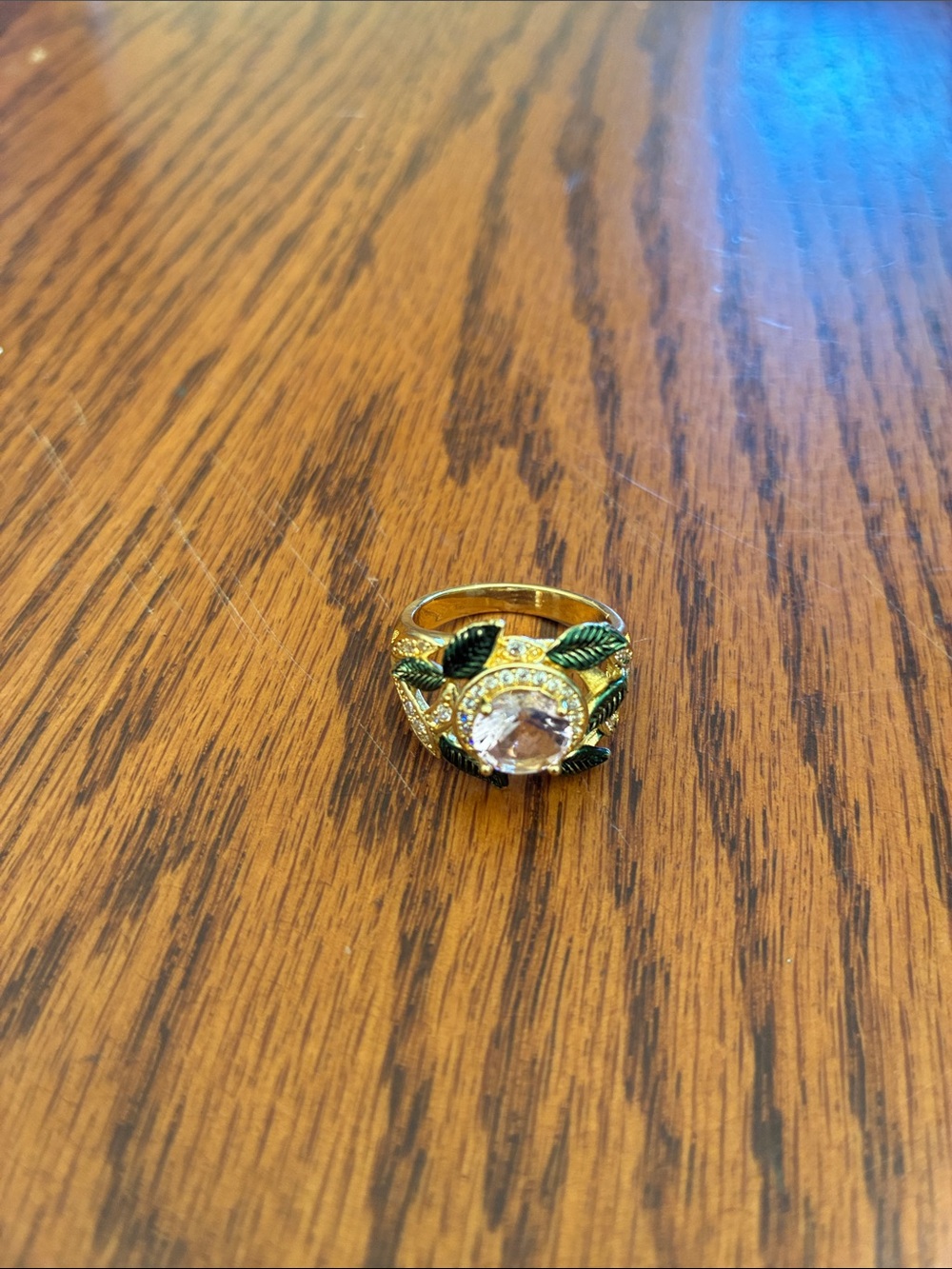 Gold-Tone Green Leaf Crystal Ring - Women's Jewelry